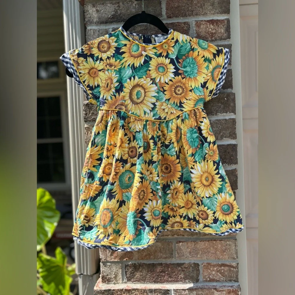 Vintage 90s Rare Editions Sunflower Gingham trim Dress – Girls 6X - Picture 1 of 7